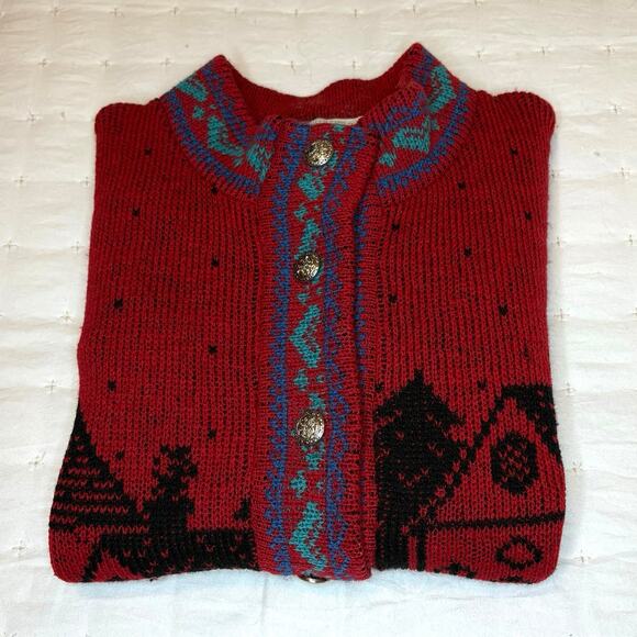Vintage Alps Wool Cardigan Sweater Women's M | Red Nordic Christmas Preppy - Picture 11 of 11